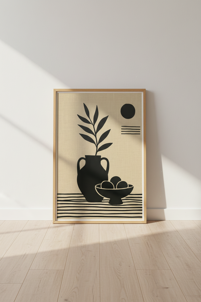 Minimalist Mediterranean Still Life | Black &amp; Beige Vase Print, Modern Home Decor