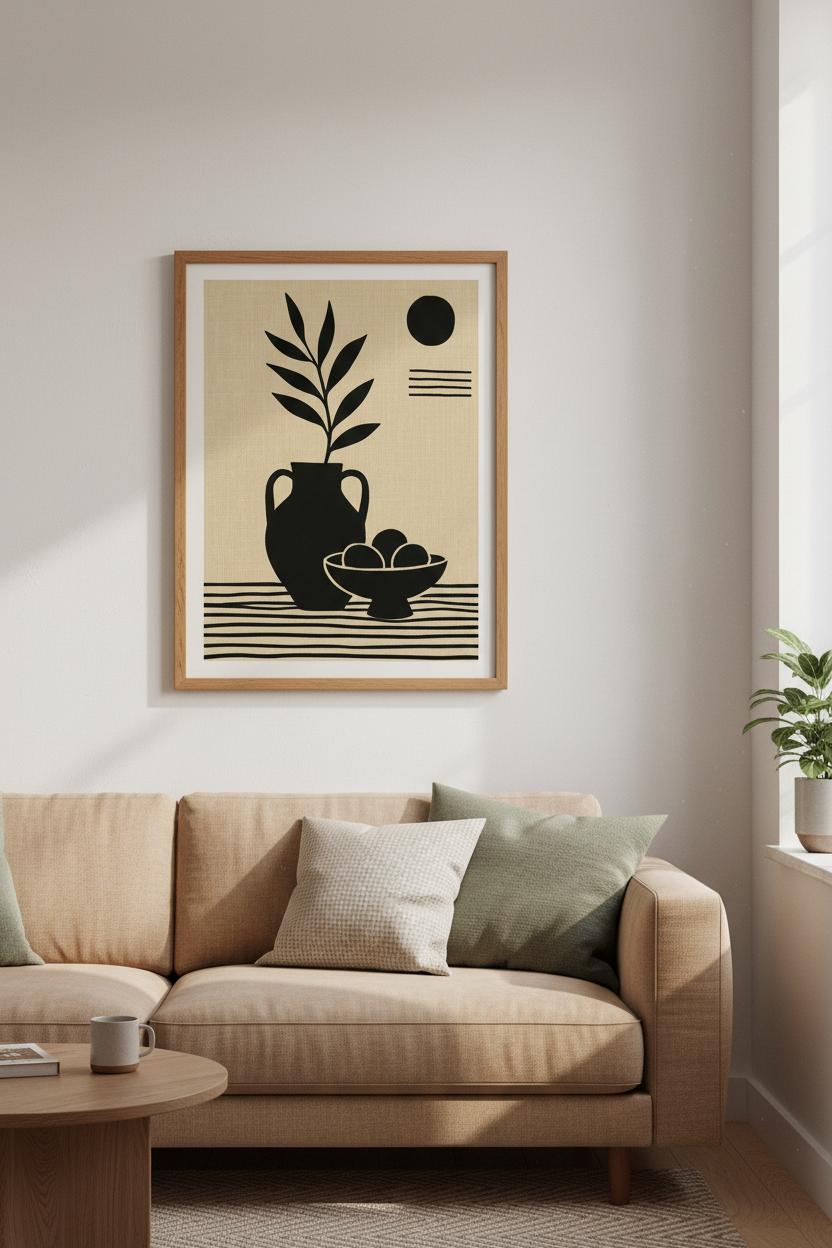 Minimalist Mediterranean Still Life | Black &amp; Beige Vase Print, Modern Home Decor