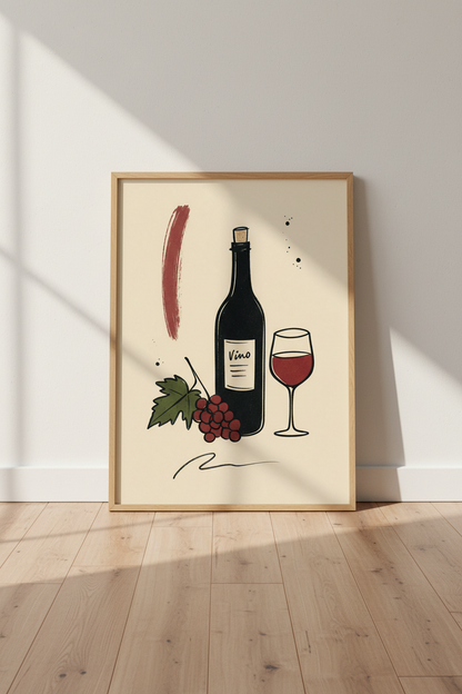Red Wine Bottle &amp; Glass Art Print | Kitchen Dining Decor | Minimalist Poster