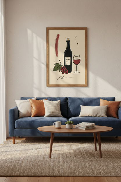 Red Wine Bottle &amp; Glass Art Print | Kitchen Dining Decor | Minimalist Poster