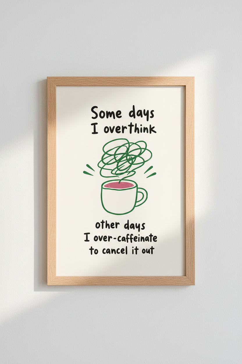 Funny Coffee Quote Wall Art | Minimalist Kitchen Decor | Over-Caffeinated Poster