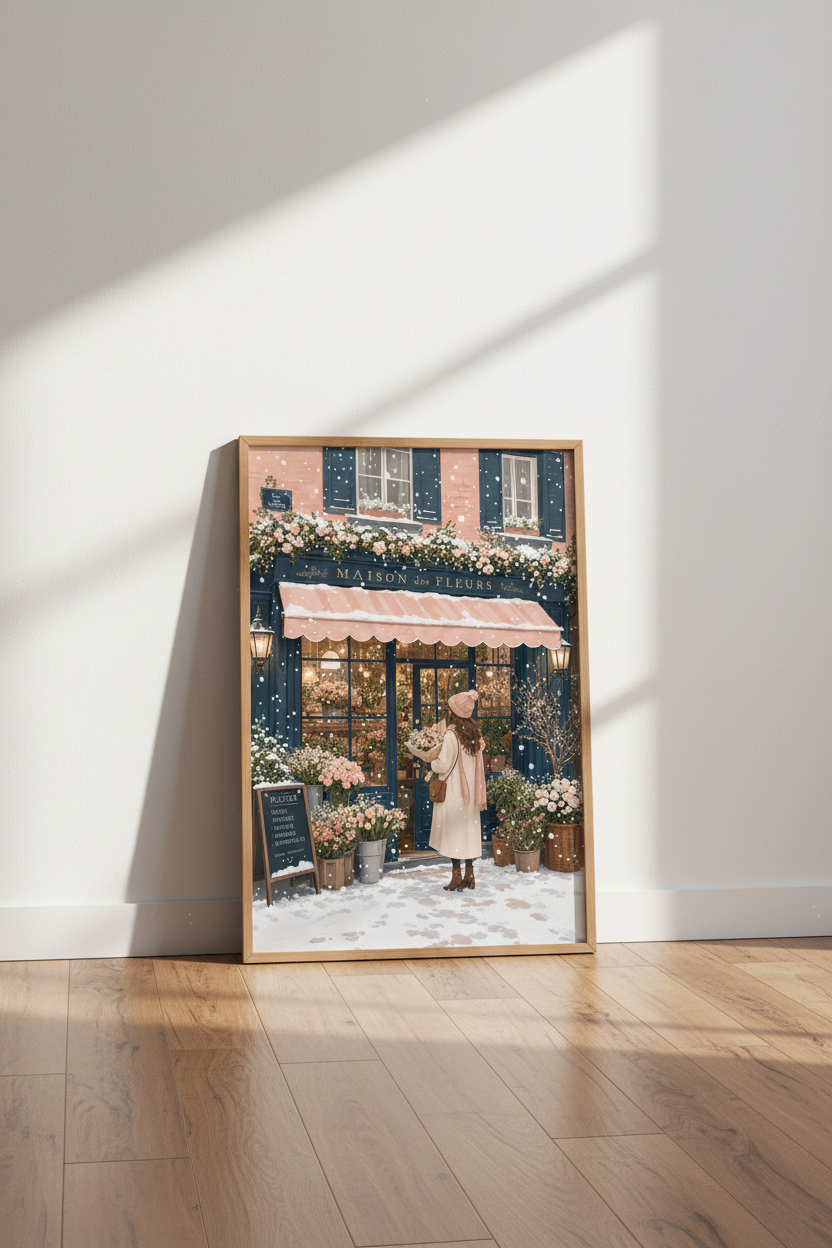 French Flower Shop | Winter Paris Street Scenery, Pink Aesthetic Room Decor