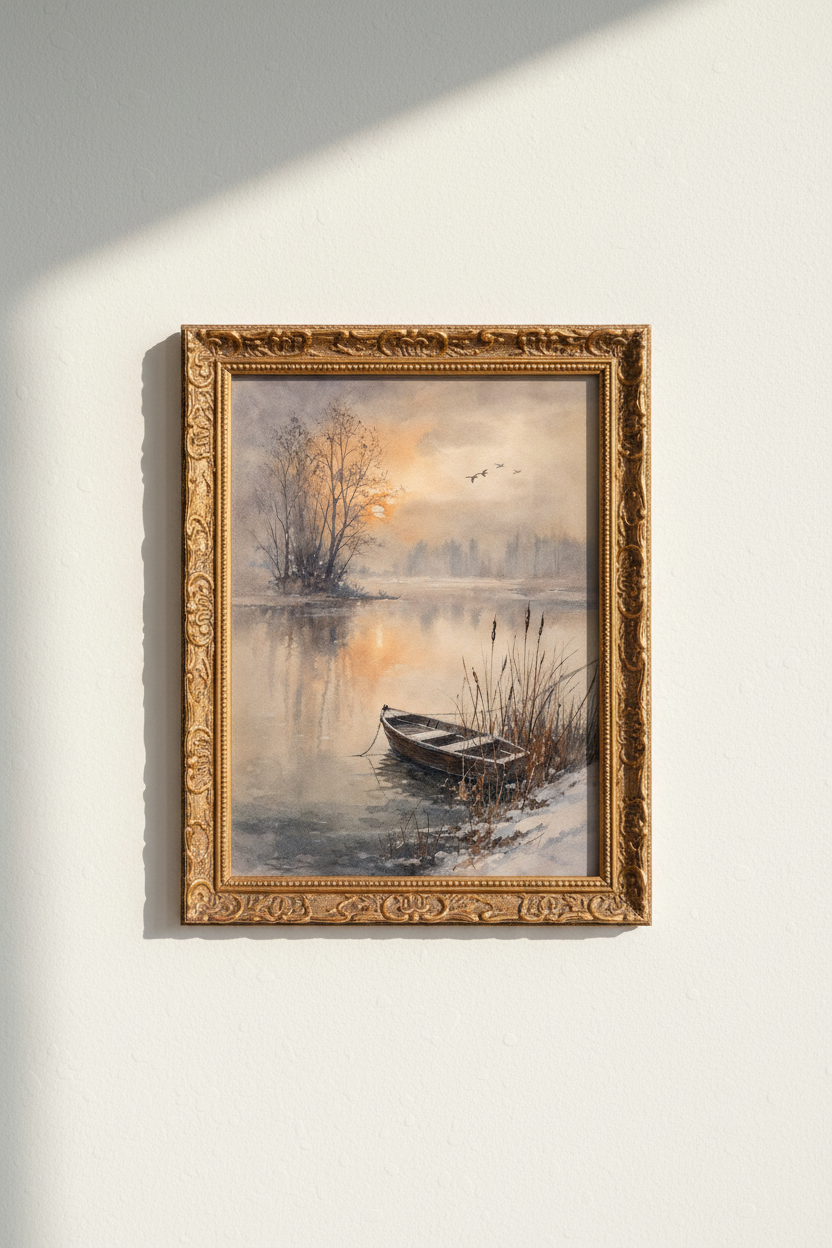 Winter Lake Art | Watercolor Sunrise, Soft Blues | Living Room Decor