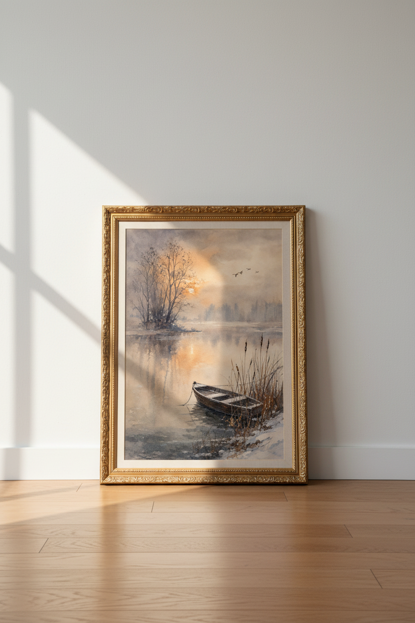 Winter Lake Art | Watercolor Sunrise, Soft Blues | Living Room Decor