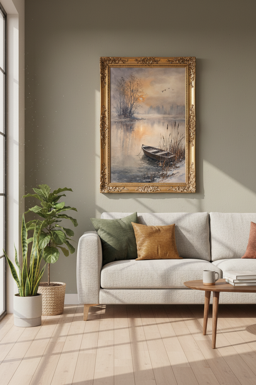 Winter Lake Art | Watercolor Sunrise, Soft Blues | Living Room Decor