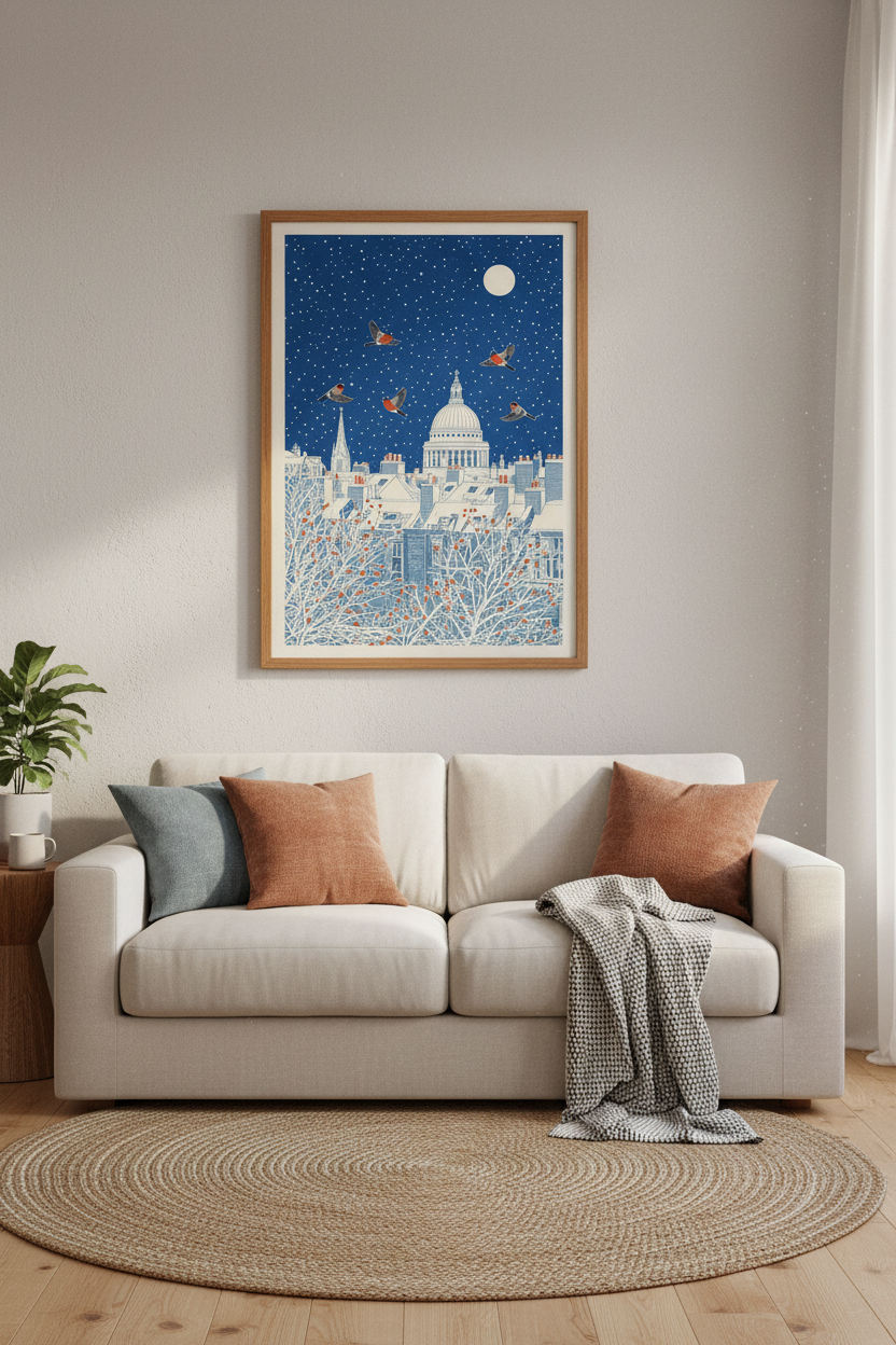 London Winter Cityscape | Blue Vintage Bird Art, St. Paul&