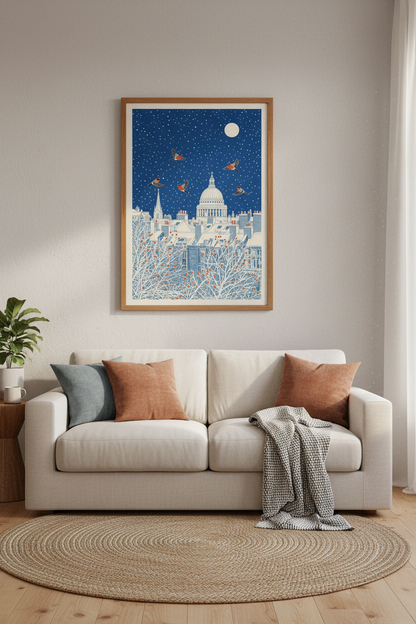London Winter Cityscape | Blue Vintage Bird Art, St. Paul&
