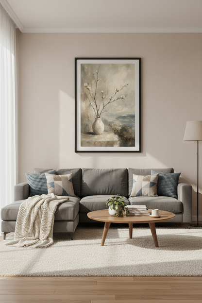 Floral Seascape | Impressionist Neutral Still Life, Coastal Bedroom Decor Art