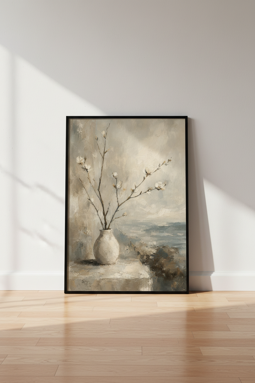 Floral Seascape | Impressionist Neutral Still Life, Coastal Bedroom Decor Art
