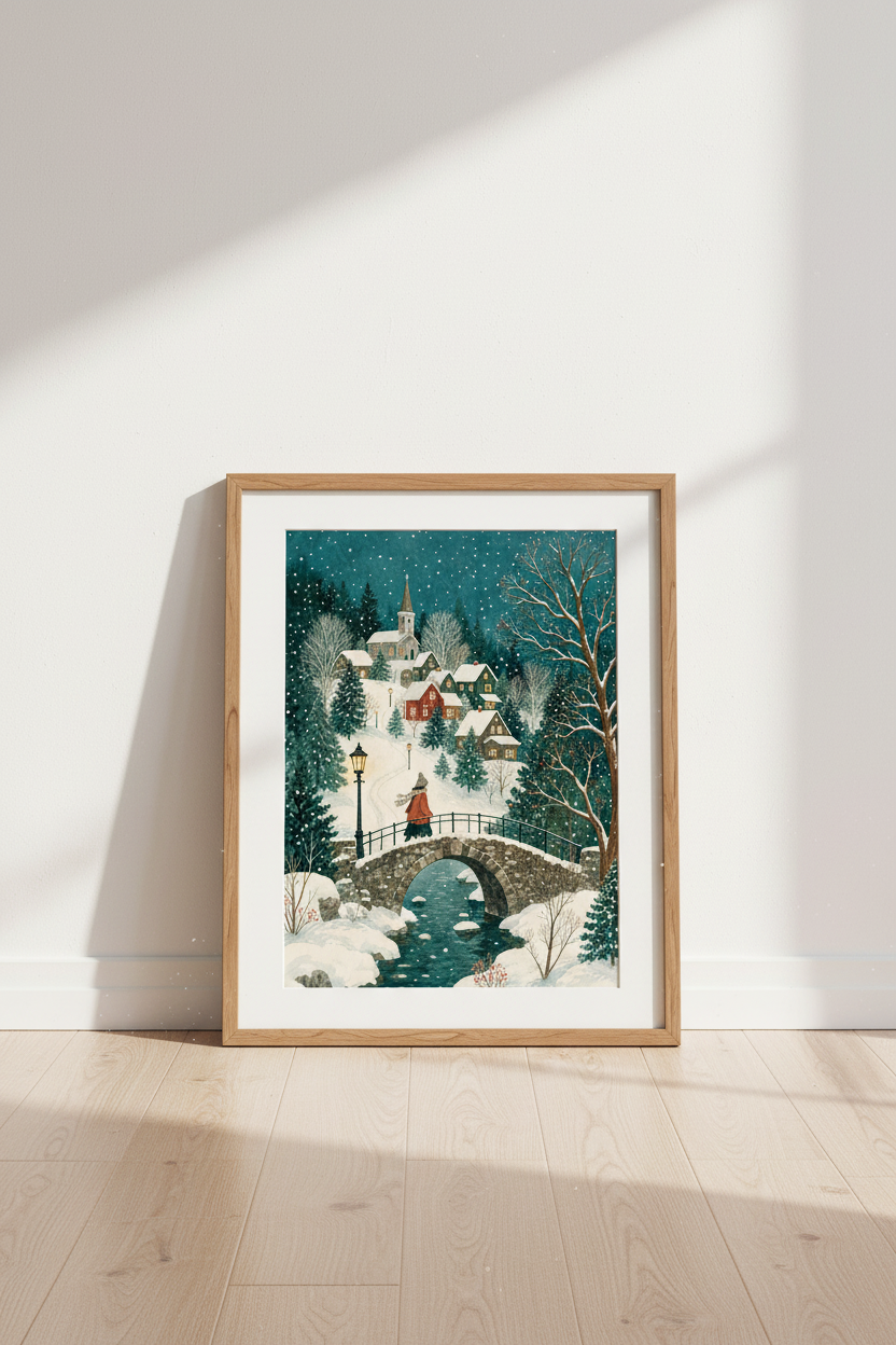 Winter Village Night Scene | Watercolor Snowy Landscape, Cozy Room Decor