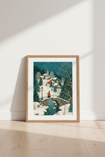 Winter Village Night Scene | Watercolor Snowy Landscape, Cozy Room Decor