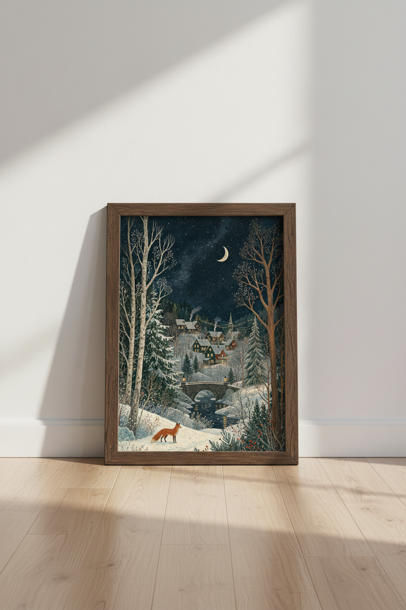 Winter Village Fox Wall Art | Starry Night Landscape, Cozy Christmas Poster