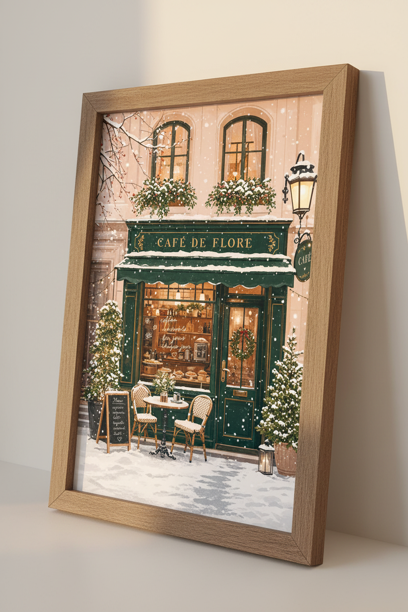 Paris Cafe de Flore Winter Art | Emerald Green Snowy Scene, French Kitchen Decor
