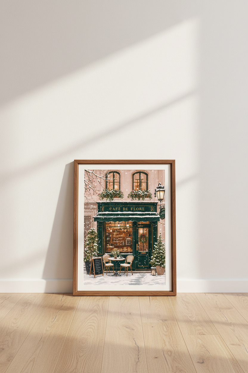 Paris Cafe de Flore Winter Art | Emerald Green Snowy Scene, French Kitchen Decor
