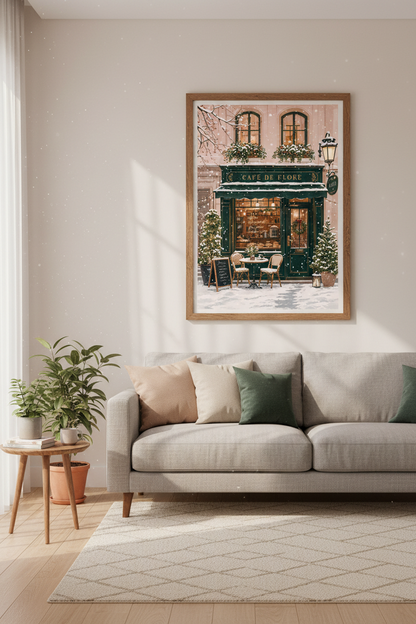 Paris Cafe de Flore Winter Art | Emerald Green Snowy Scene, French Kitchen Decor
