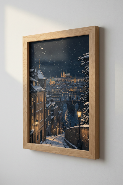 Prague Winter Cityscape | Snowy Night Architecture, Living Room Decor