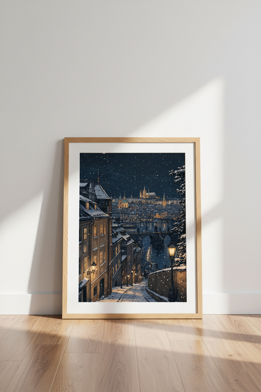 Prague Winter Cityscape | Snowy Night Architecture, Living Room Decor