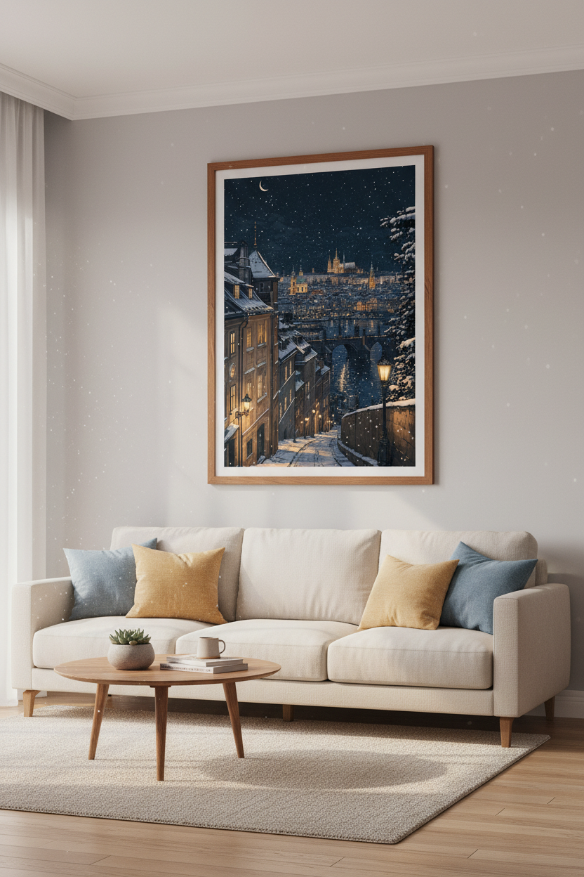 Prague Winter Cityscape | Snowy Night Architecture, Living Room Decor