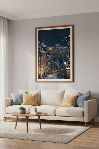 Prague Winter Cityscape | Snowy Night Architecture, Living Room Decor