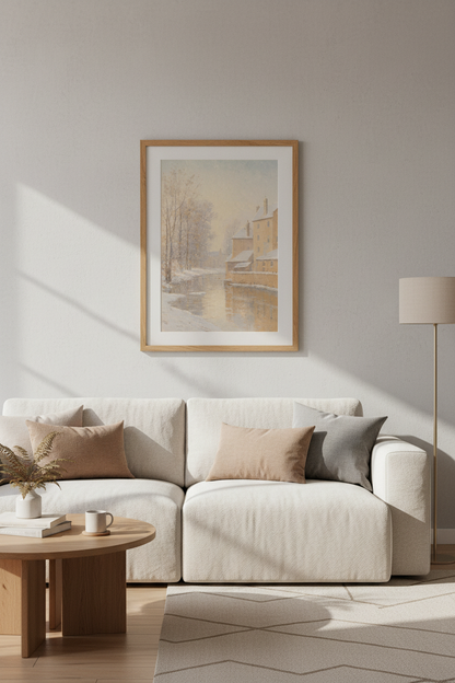 Winter Village Canal | Impressionist Snow Landscape, Neutral Vintage Wall Art