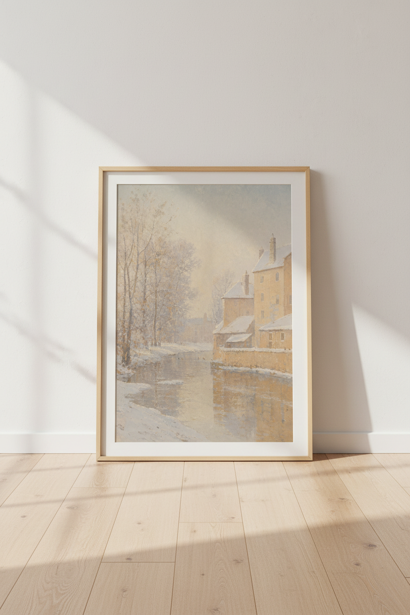 Winter Village Canal | Impressionist Snow Landscape, Neutral Vintage Wall Art