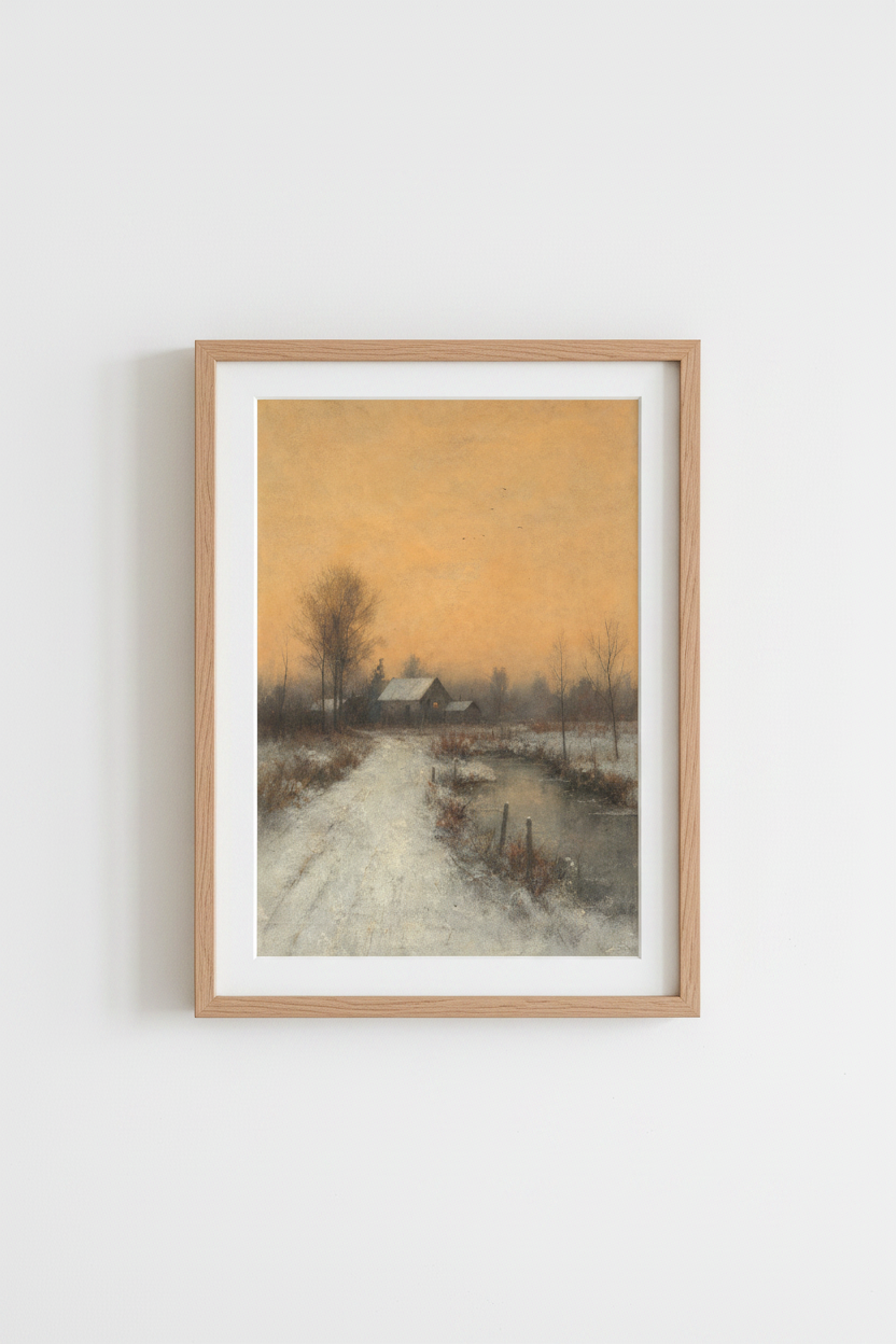 winter landscape art | Impressionist dusk, orange sky | Cozy living room decor