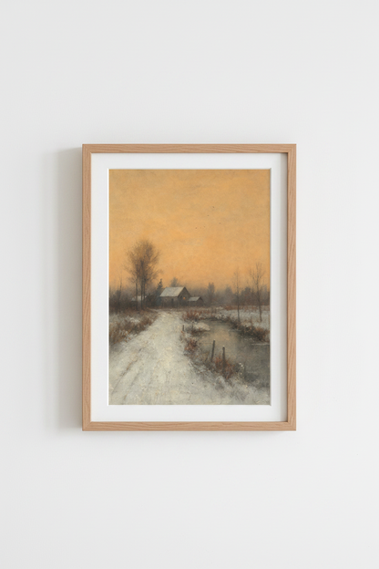 winter landscape art | Impressionist dusk, orange sky | Cozy living room decor