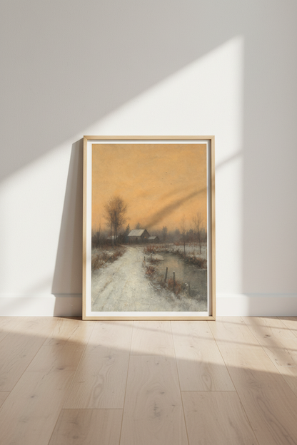 winter landscape art | Impressionist dusk, orange sky | Cozy living room decor
