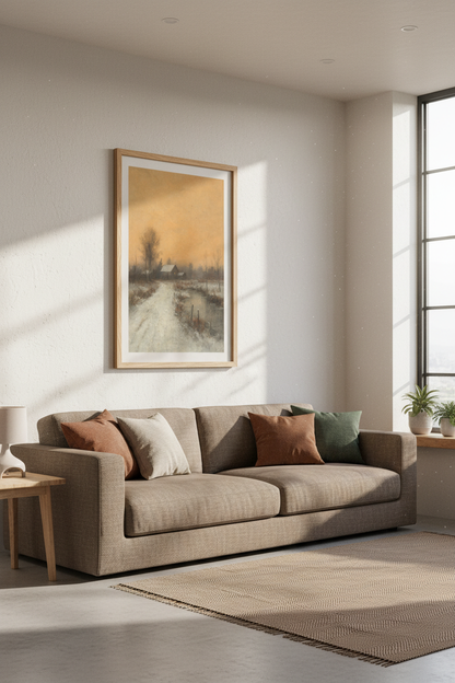 winter landscape art | Impressionist dusk, orange sky | Cozy living room decor