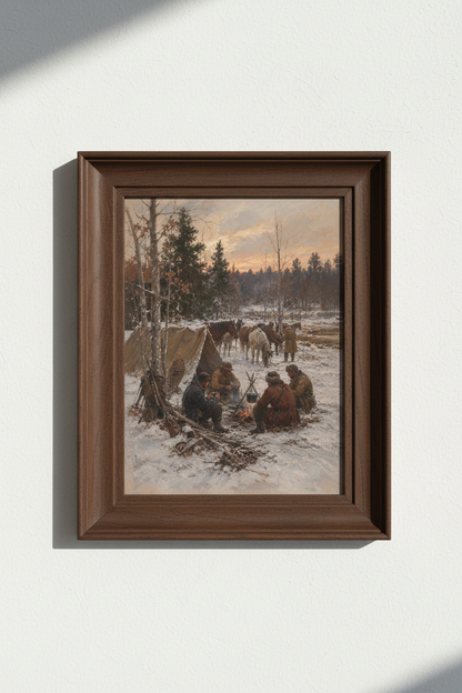 Winter Camp Wall Art | Rustic Oil Painting, Snowy Forest Decor | Living Room Poster