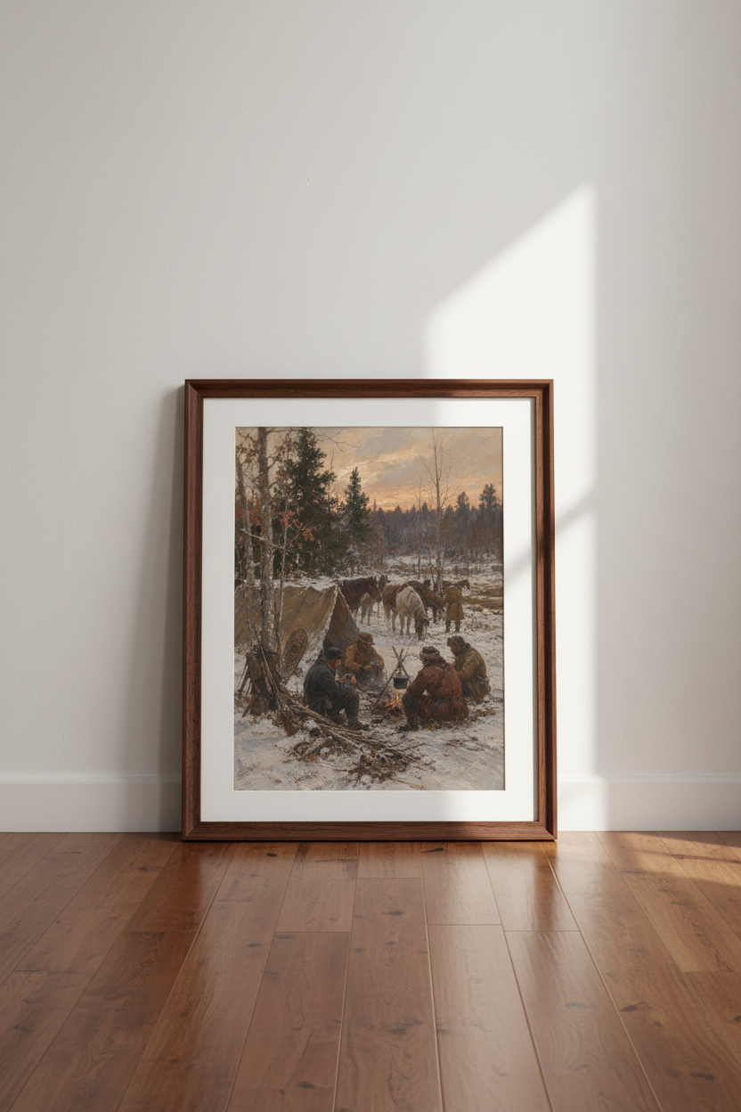 Winter Camp Wall Art | Rustic Oil Painting, Snowy Forest Decor | Living Room Poster