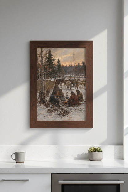 Winter Camp Wall Art | Rustic Oil Painting, Snowy Forest Decor | Living Room Poster