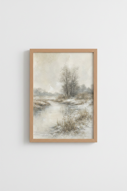 Winter Landscape Watercolor | Muted River Nature Print, Farmhouse Decor Art