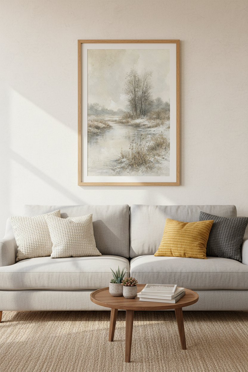 Winter Landscape Watercolor | Muted River Nature Print, Farmhouse Decor Art
