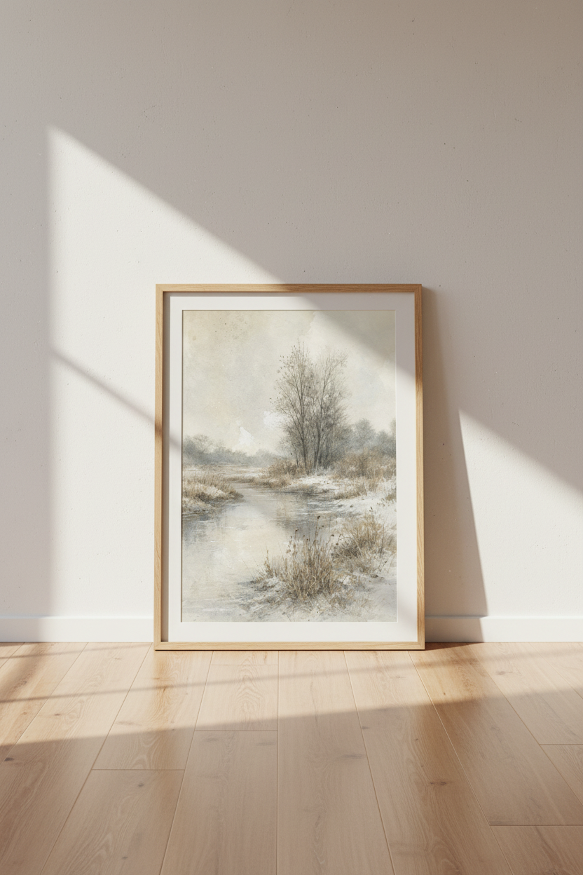 Winter Landscape Watercolor | Muted River Nature Print, Farmhouse Decor Art