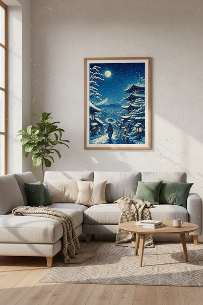 Japanese Winter Night Wall Art | Mount Fuji Ukiyo-e Poster, Zen Home Decor