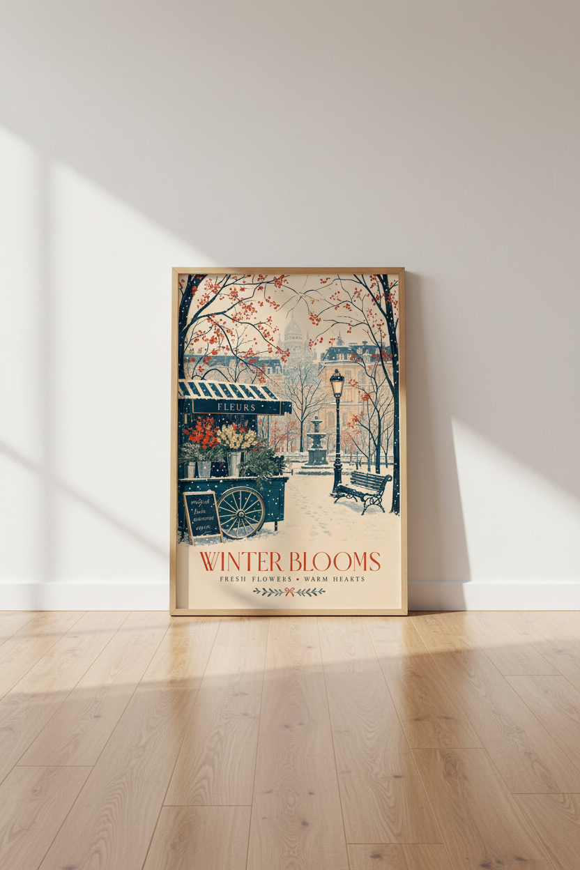 Paris Winter Flower Cart Wall Art | Vintage French Poster, Snowy City Scene Print