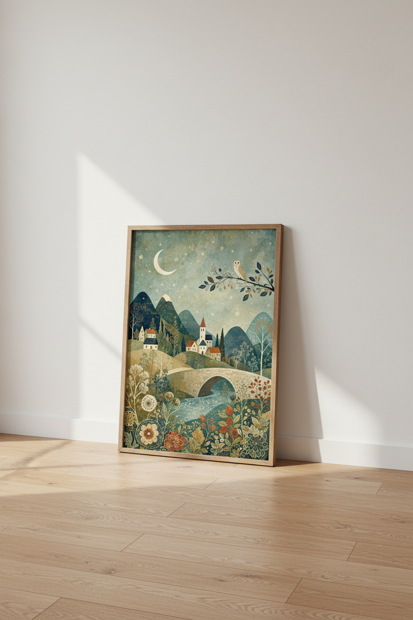 Enchanted Village Folk Art | Whimsical Owl &amp; Moon Poster, Nursery Decor