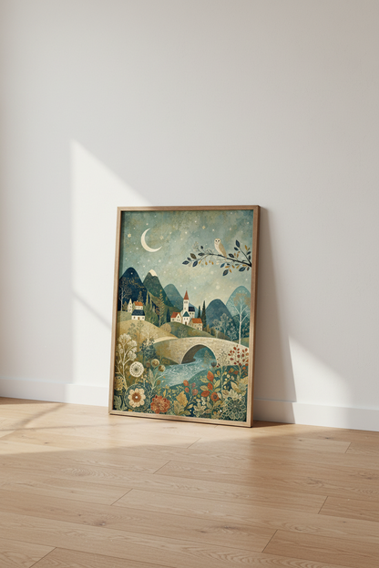 Enchanted Village Folk Art | Whimsical Owl &amp; Moon Poster, Nursery Decor