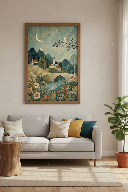 Enchanted Village Folk Art | Whimsical Owl &amp; Moon Poster, Nursery Decor