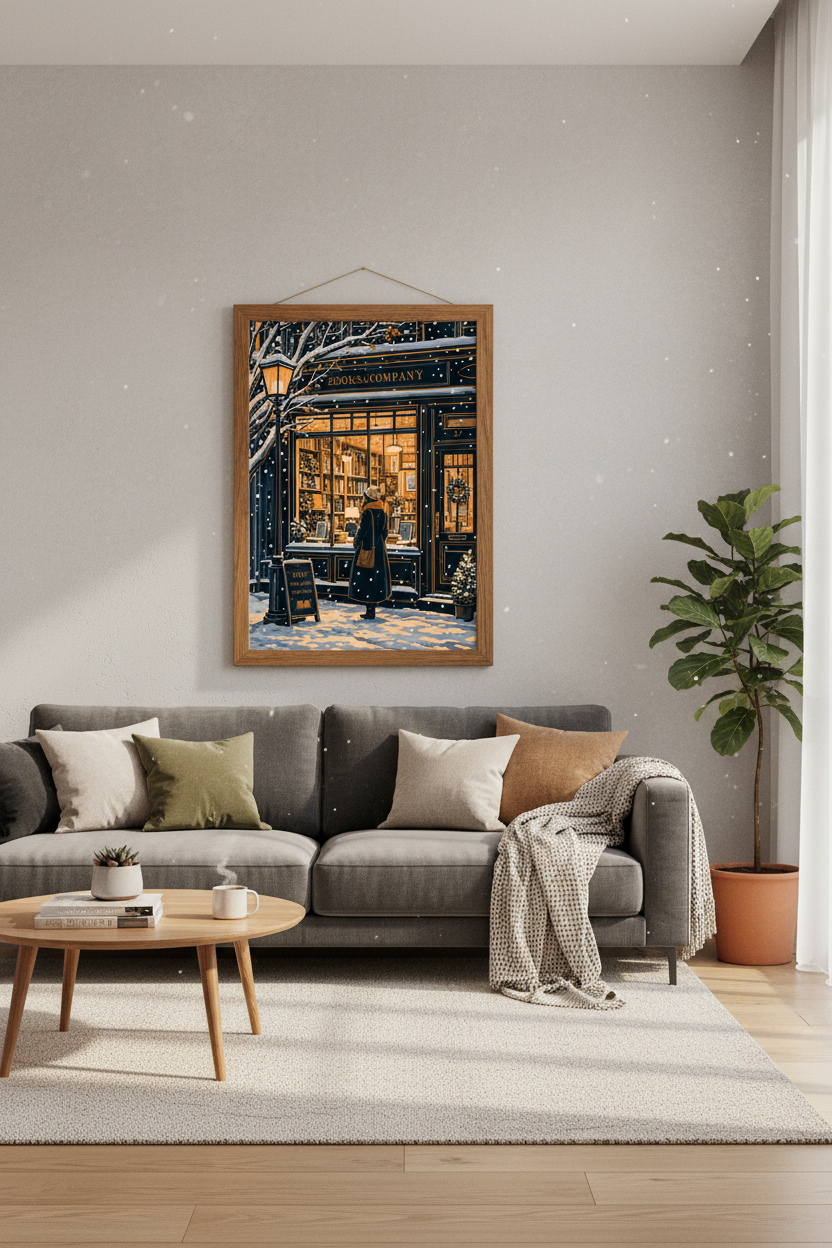 Winter Bookshop Wall Art | Cozy Dark Academia Decor | Snowy Library Poster