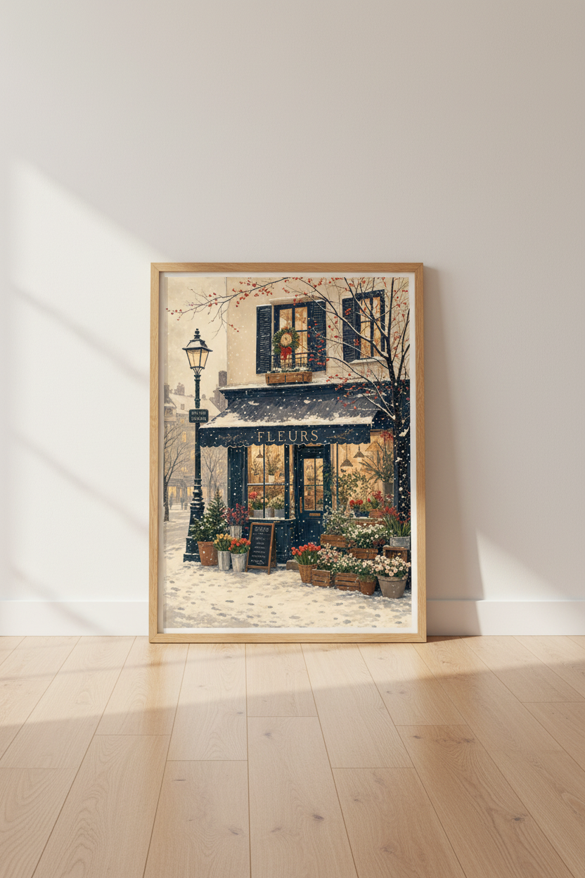 Parisian Flower Shop in Snow Print | Winter French Street Decor | Festive Floral Poster