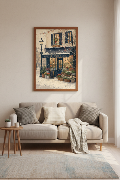 Parisian Flower Shop in Snow Print | Winter French Street Decor | Festive Floral Poster