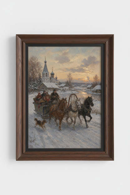 Impressionist Winter Sleigh Wall Art Print | Living Room Decor | Cozy Poster