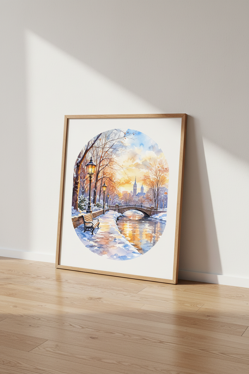 Winter Park Landscape Watercolor | Snowy Sunset Bridge Poster, Living Room Decor