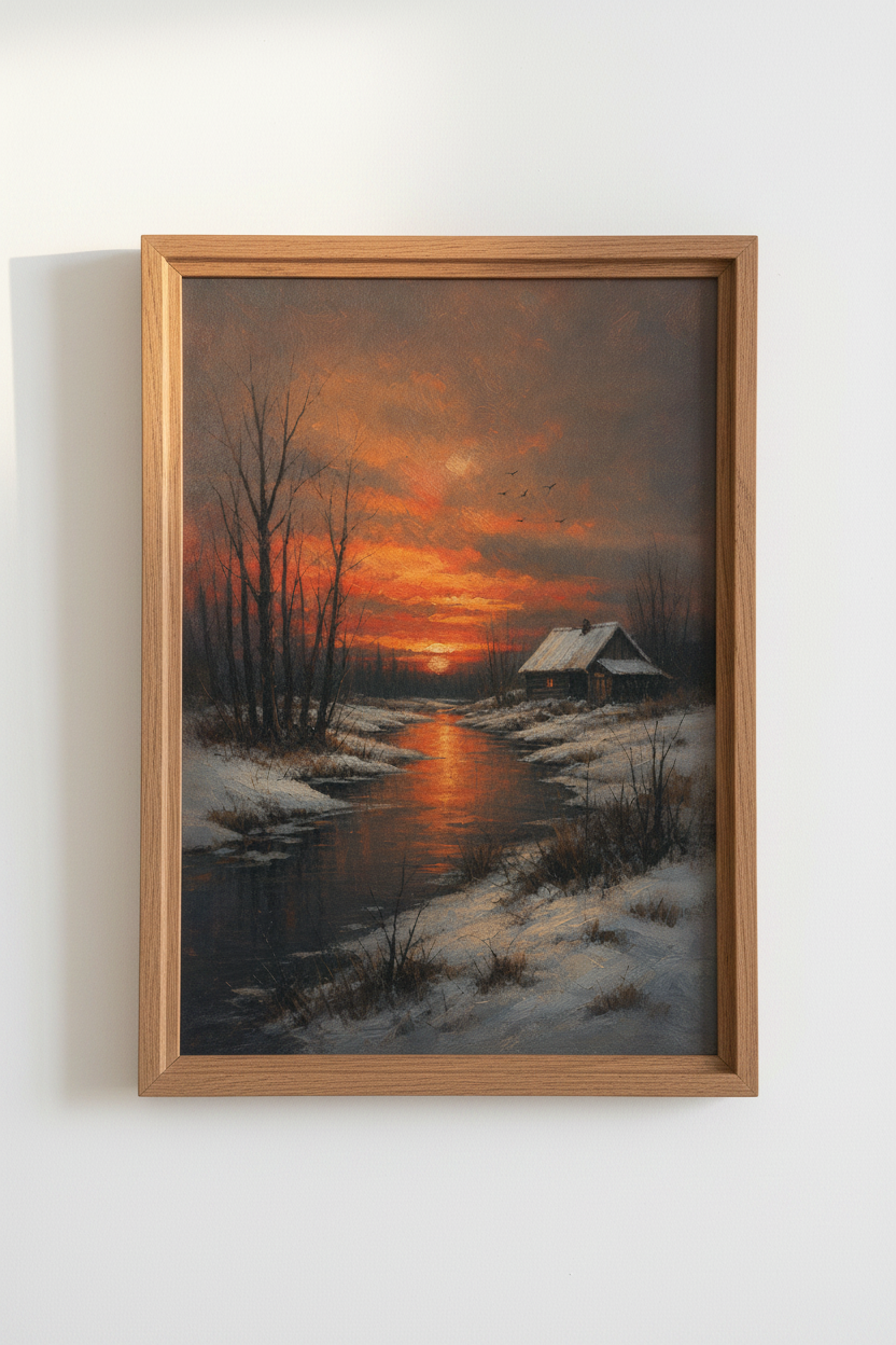 Winter Sunset Art | Romantic Landscape, Warm Tones | Living Room Decor