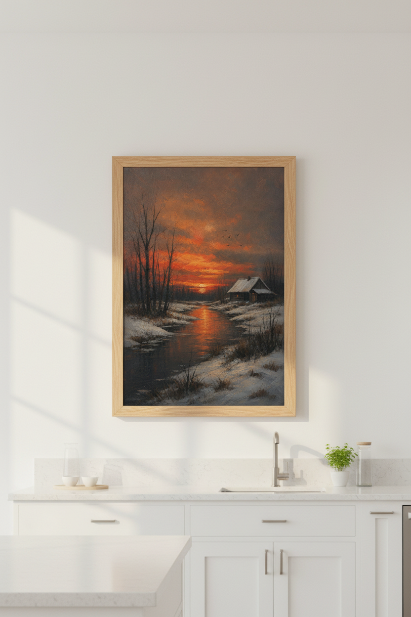 Winter Sunset Art | Romantic Landscape, Warm Tones | Living Room Decor