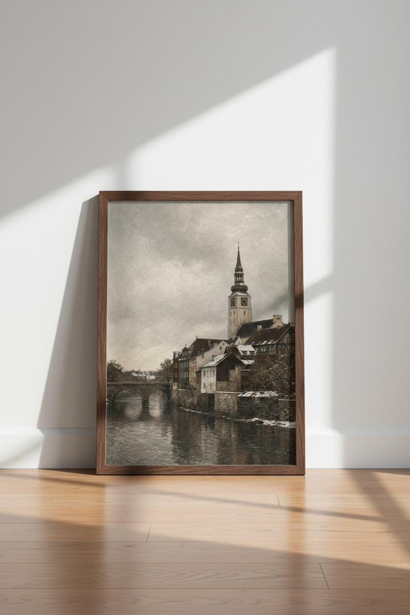 European Winter Village | Moody Oil Painting Style, Dark Academia Decor