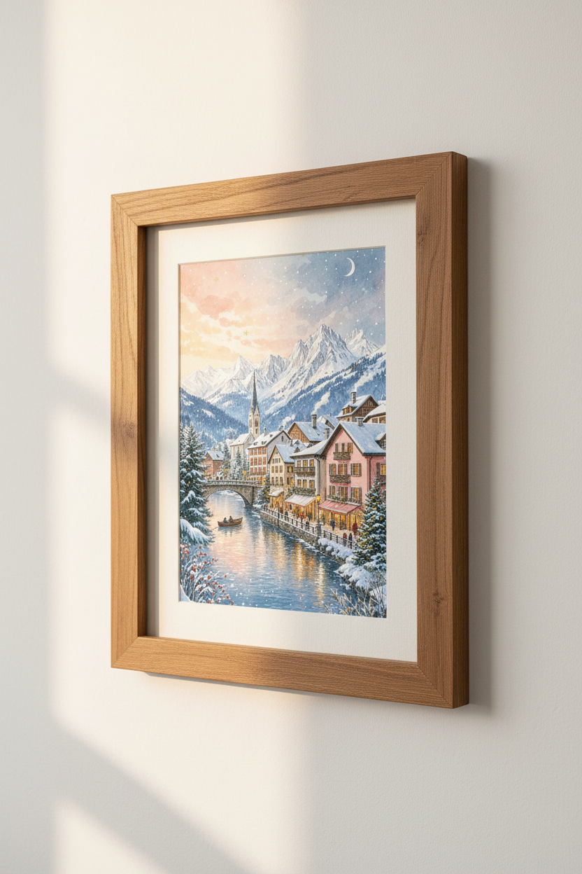 Winter Alpine Village Watercolor Art | Snowy Mountain Landscape, Cozy Christmas Decor