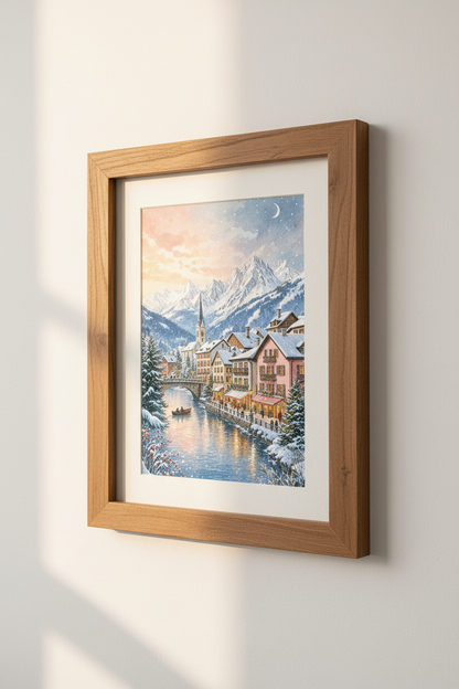 Winter Alpine Village Watercolor Art | Snowy Mountain Landscape, Cozy Christmas Decor